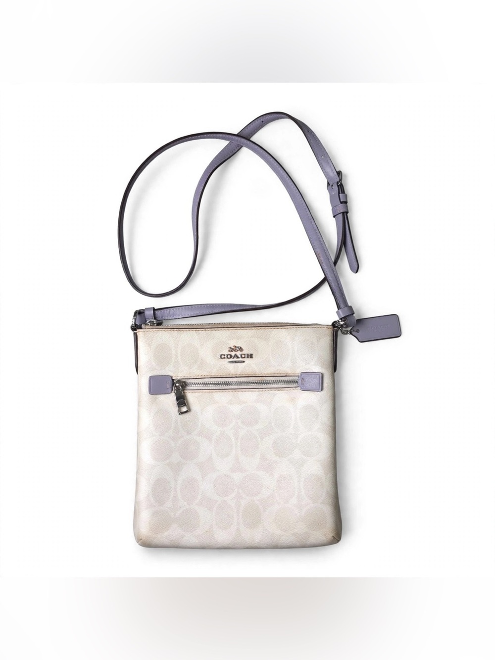 Coach Signature Canvas Crossbody White Lavender Trim Zip Pocket C2422